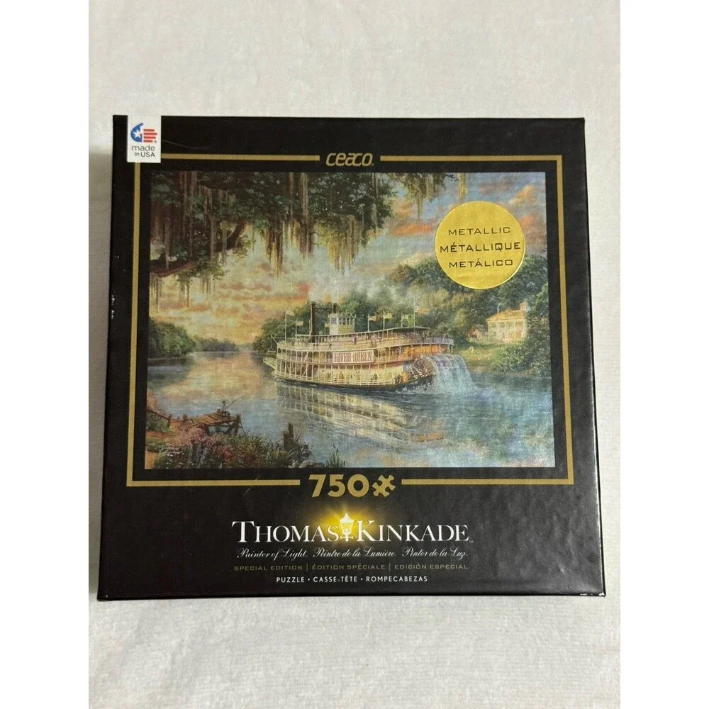Thomas Kinkade Metallic Sunset Lamplight Lane River Queen 750 pc Lot 3 Puzzles